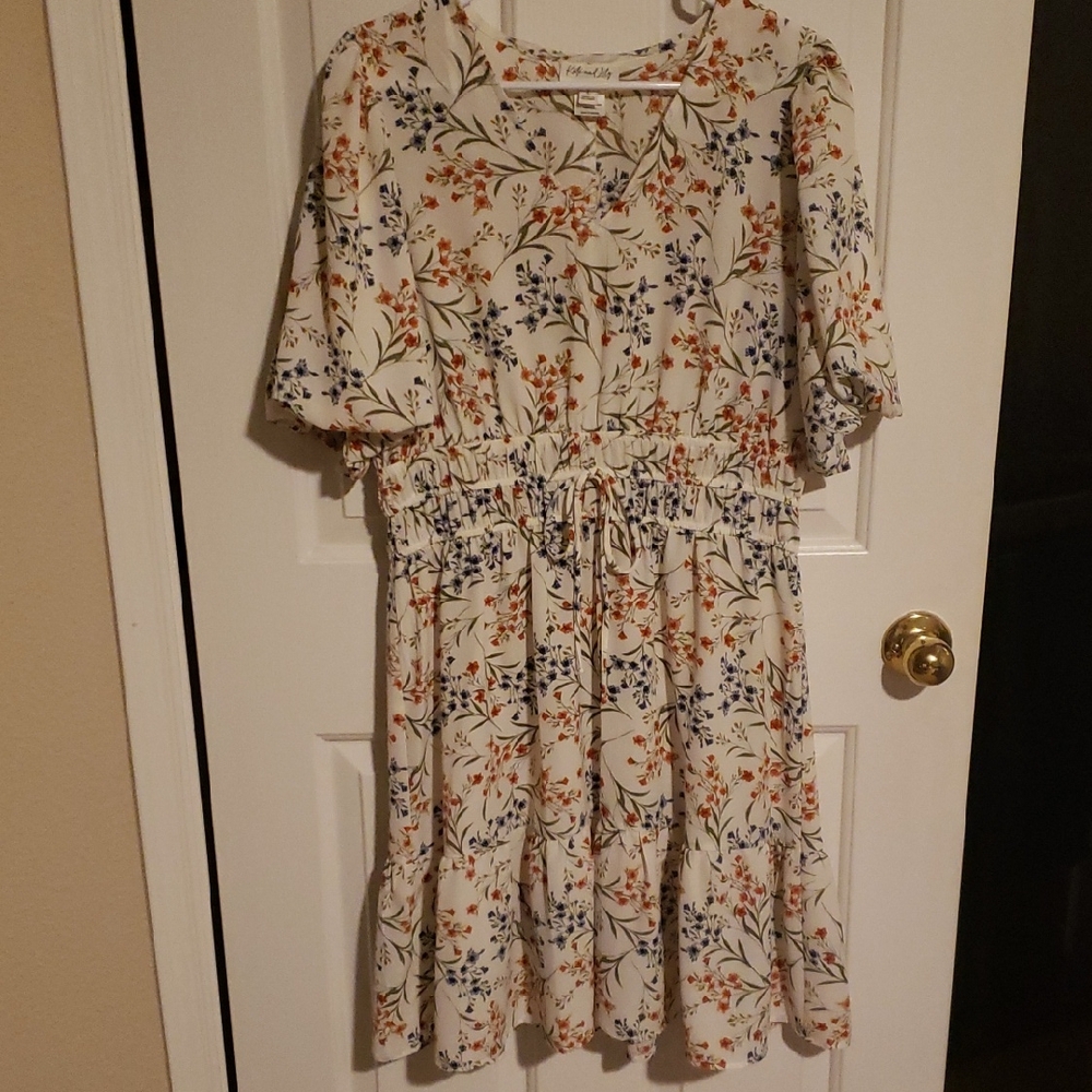 Brown and Tan Tiered Midi Sundress with Puff Sleeves